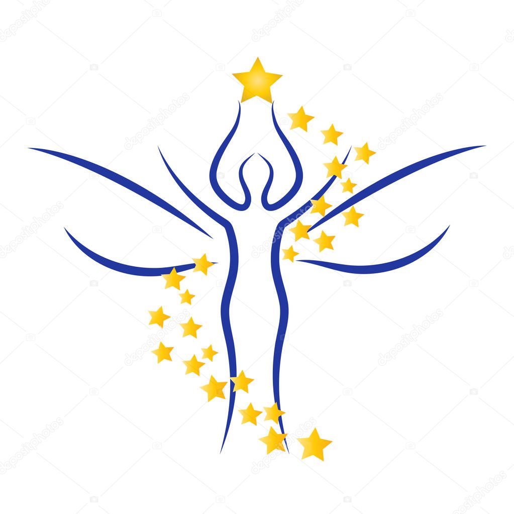 Magic Woman Silhouette with Angel Wings and Stars