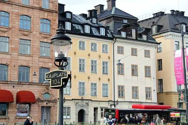 Stockholm Parlament Schweden 2018 Stockholm Straßenschild Mit Gebäuden — Stockfoto