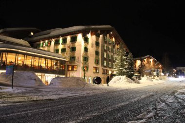 Lech, Austria - 04 01 2018: Hotel Gasthof Post, Lech am Arlberg at winter Night in Alpine Ski Village