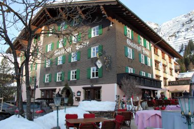 Lech, Austria - 03 04 2018: Hotel Restaurant Gasthof Post in Lech, Austrian Alps