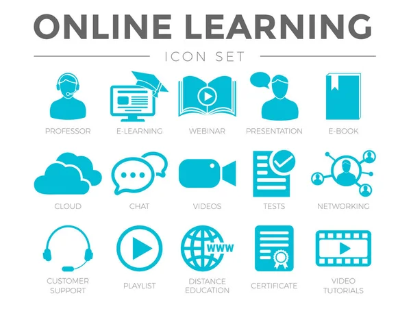 Online leren icon set. Professor, E-learning, Webinar, refe — Stockvector