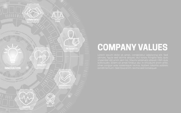 Základní hodnoty společnosti pozadí nápisu s ikonami — Stockový vektor