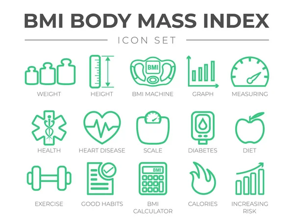 Bmi ボディマスインデックスアウトラインアイコンセット Bmiマシン グラフ 心臓病 スケール 糖尿病 ダイエット Bmi電卓 カロリー — ストックベクタ