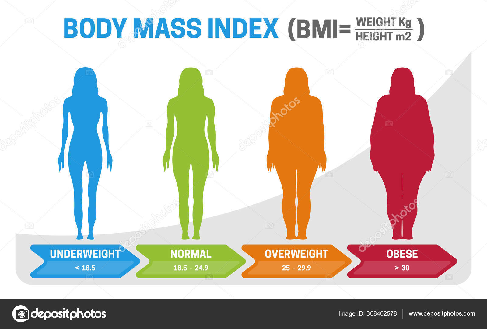 Vector illustration with BMI chart. Poster with male silhouettes with  different obesity degrees. Stock Vector