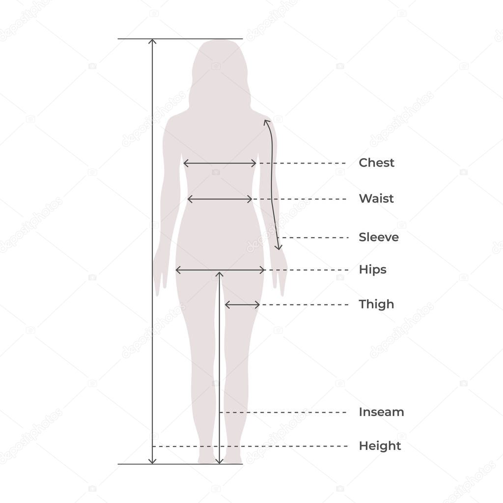 Woman Female Body Measurement Proportions for Clothing Design and Sewing Chart for Fashion Vector illustration 