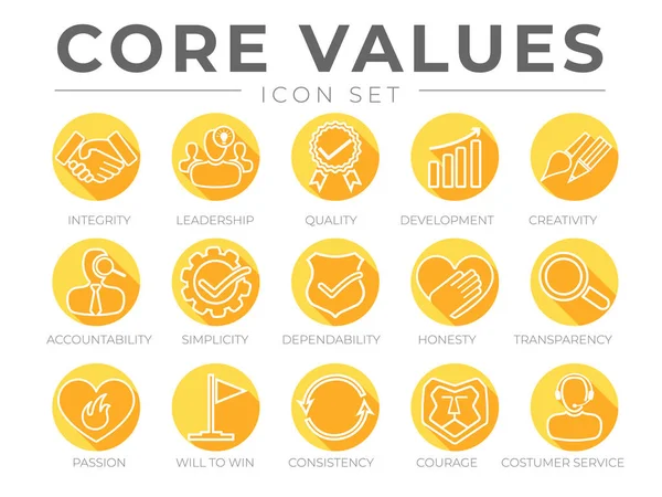 Valores Básicos Empresa Conjunto Iconos Planos Redondos Integridad Liderazgo Calidad — Archivo Imágenes Vectoriales