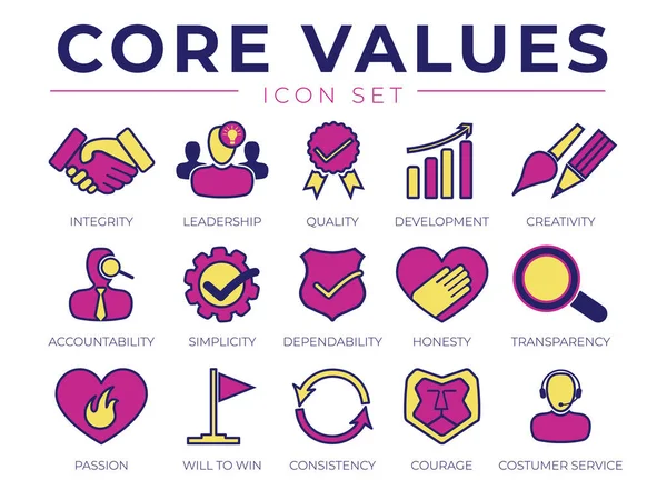Kernwerte Retro Icon Set Integrität Führung Qualität Und Entwicklung Kreativität — Stockvektor