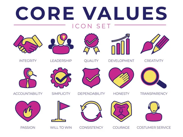 Valores Núcleos Conjunto Ícones Retro Integridade Liderança Qualidade Desenvolvimento Criatividade —  Vetores de Stock