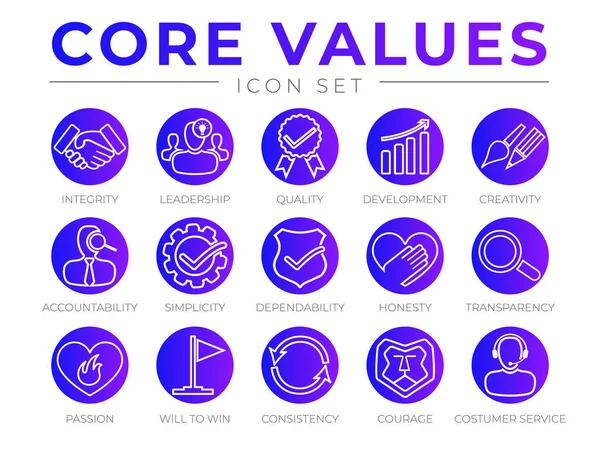 Valores Básicos Compañía Esquema Redondo Conjunto Iconos Web Integridad Liderazgo — Archivo Imágenes Vectoriales