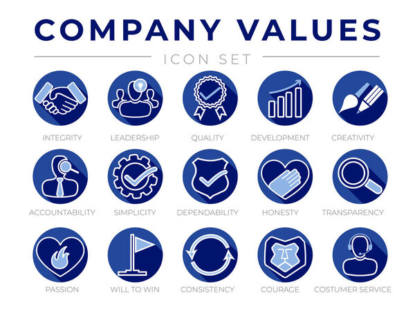 Blue Round Company Core Values Flat Icon Set. Целостность, лидерство, качество и развитие, творчество, подотчетность, простота, надежность, честность, прозрачность, страсть, иконки обслуживания клиентов
.