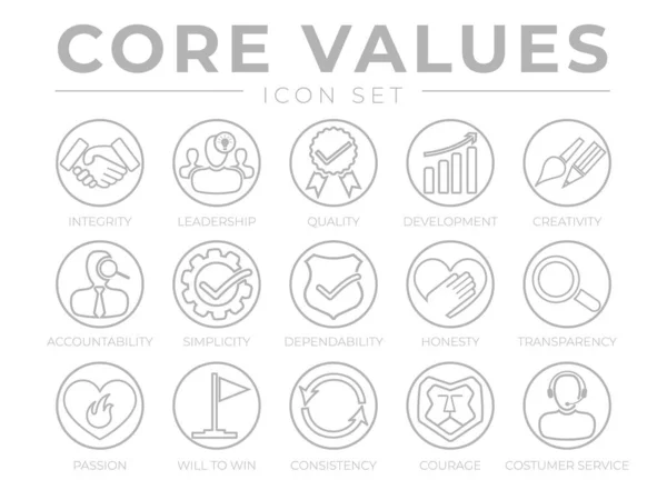 Firmenkernwerte Rundumschlag Web Icon Set Integrität Führung Qualität Und Entwicklung — Stockvektor