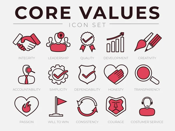 Valores Núcleos Conjunto Ícones Retro Integridade Liderança Qualidade Desenvolvimento Criatividade —  Vetores de Stock