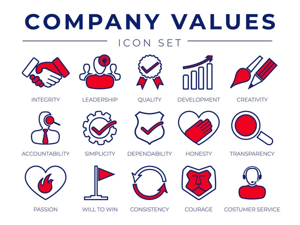 Valores Básicos Conjunto Iconos Retro Integridad Liderazgo Calidad Desarrollo Creatividad — Vector de stock