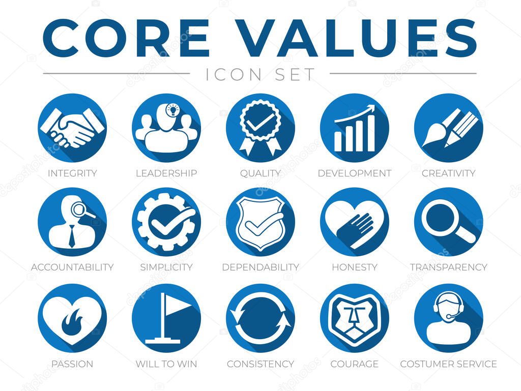 Company Core Values Round Web Icon Set. Integrity, Leadership, Quality and Development, Creativity, Accountability, Simplicity, Dependability, Honesty, Transparency, Passion, Will to win, Consistency, Courage and Customer Service Icons.