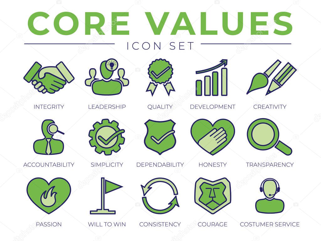 Green Core Values Retro Icon Set. Integrity, Leadership, Quality and Development, Creativity, Accountability, Simplicity, Dependability, Honesty, Transparency Passion, Consistency Courage Customer Service Icons.