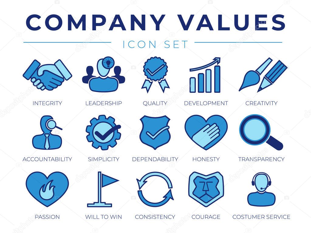 Core Values Retro Icon Set. Integrity, Leadership, Quality and Development, Creativity, Accountability, Simplicity, Dependability, Honesty, Transparency, Passion, Win, Consistency, Courage and Customer Service Icons.