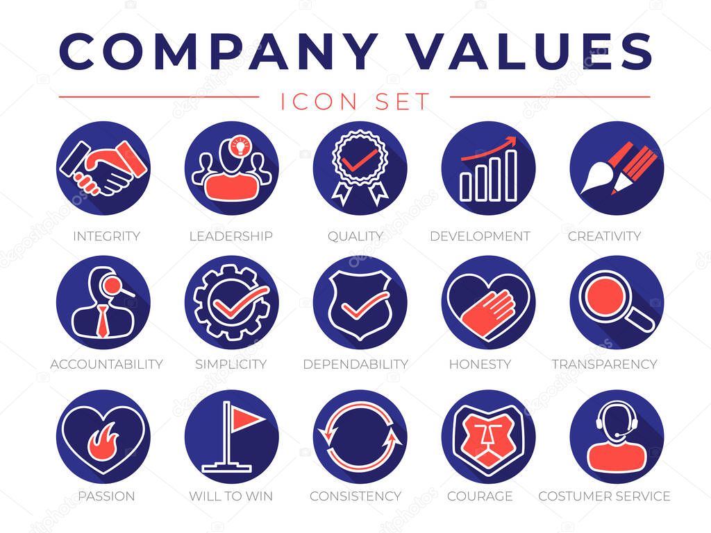 Company Core Values Round Flat Icon Set. Integrity, Leadership, Quality and Development, Creativity, Accountability, Simplicity, Dependability, Honesty, Transparency, Passion, Will to win, Consistency, Courage and Customer Service Icons.