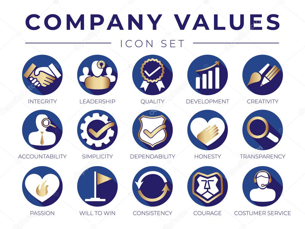 Gold Company Core Values Round Web Icon Set. Integrity, Leadership, Quality and Development, Creativity, Accountability Dependability Transparency, Passion, Consistency and Customer Service Icons.