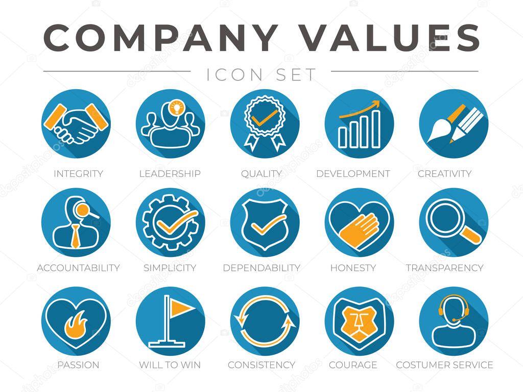 Company Core Values Round Flat Icon Set. Integrity, Leadership, Quality and Development, Creativity, Accountability, Simplicity, Dependability, Honesty, Transparency, Passion Icons.