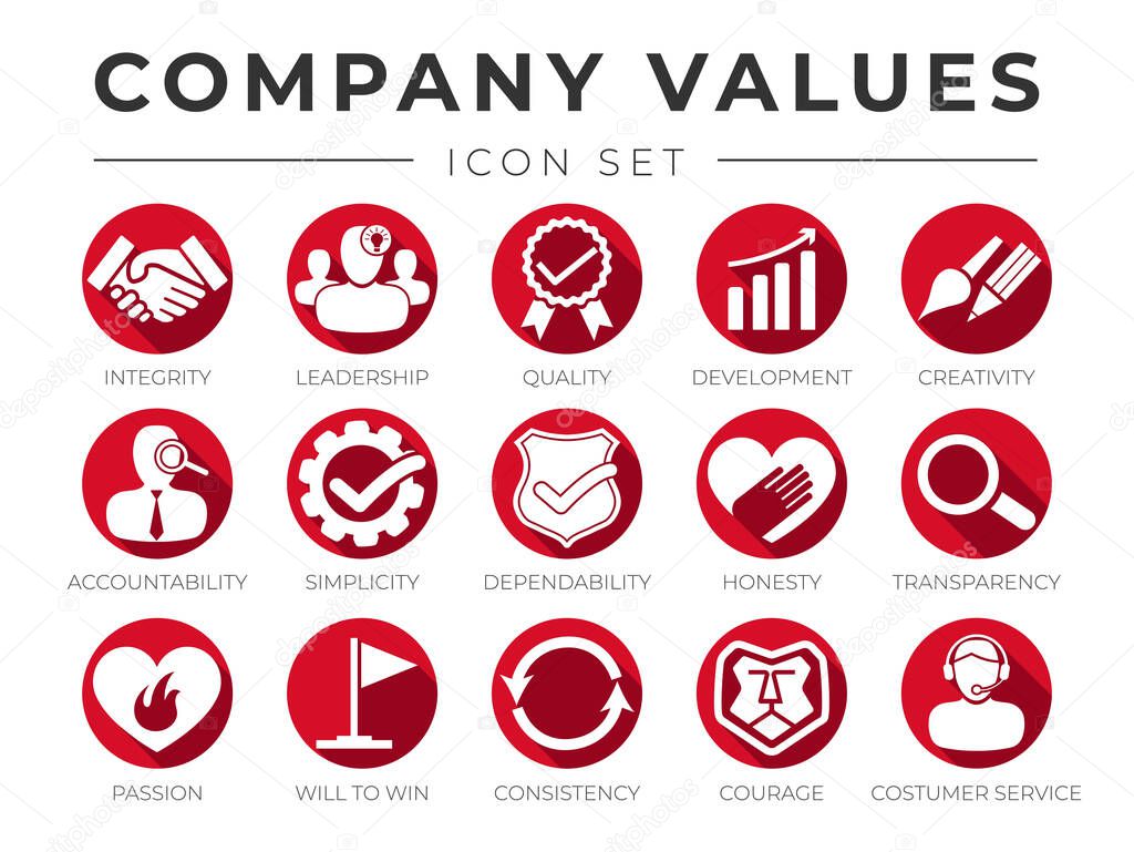 Company Core Values Round Web Icon Set. Integrity, Leadership, Quality and Development, Creativity, Accountability, Simplicity, Dependability, Honesty, Transparency Passion Consistency, Courage Customer Service Icons.