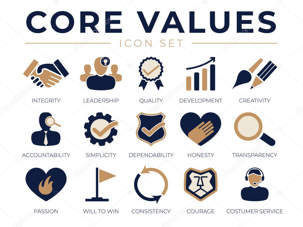 Company Core Values Icon Set. Integrity, Leadership, Quality and Development, Creativity, Accountability, Simplicity, Dependability, Passion, Consistency and Customer Service Icons.