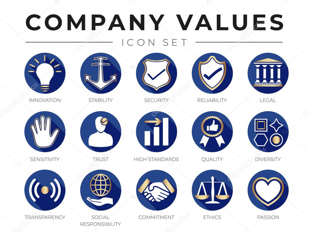 Flat Gold Company Core Values icon Set. Innovation, Stability, Security, Reliability, Legal, Sensitivity, Trust, High Standard, Quality, Diversity, Transparency, Social Responsibility, Commitment, Ethics, Passion Icons.