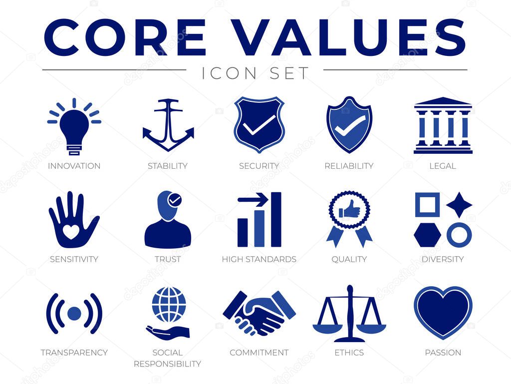 Business Company Values icon Set. Innovation, Stability, Security, Reliability, Legal, Sensitivity, Trust, High Standard, Quality, Diversity, Transparency, Social Responsibility, Commitment, Ethics, Passion Icons.
