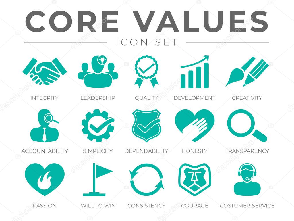 Company Core Values Icon Set. Integrity, Leadership, Quality and Development, Creativity, Accountability, Simplicity, Dependability, Honesty, Transparency, Passion, Will to win, Consistency, Courage and Customer Service Icons.