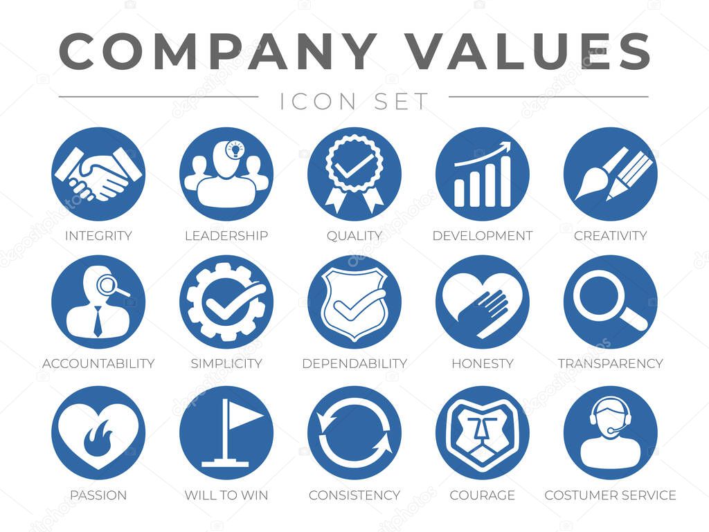 Company Core Values Round Web Icon Set. Integrity, Leadership, Quality and Development, Creativity, Accountability, Simplicity, Dependability, Honesty, Transparency, Passion, Will to win, Consistency, Courage and Customer Service Icons.