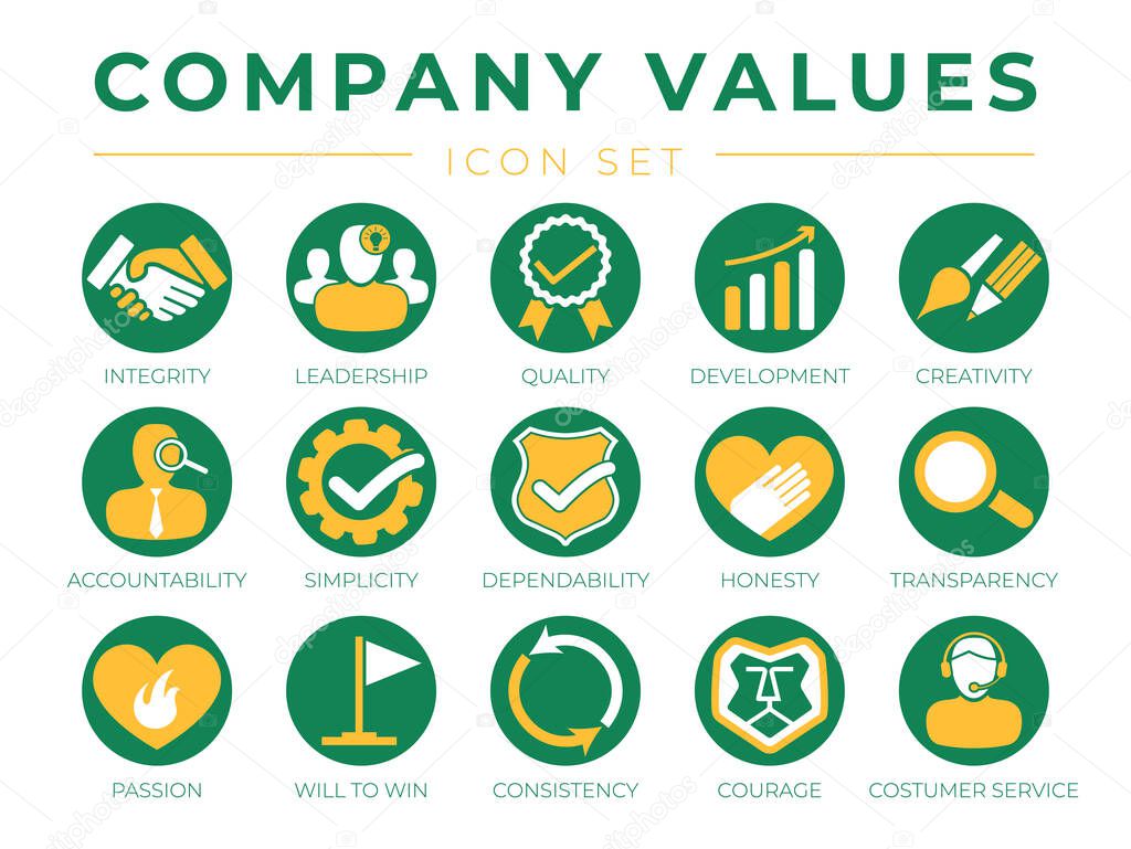 Company Core Values Round Web Icon Set. Integrity, Leadership, Quality and Development, Creativity, Accountability, Simplicity, Dependability, Honesty, Transparency, Passion, Will to win, Consistency, Courage and Customer Service Icons.