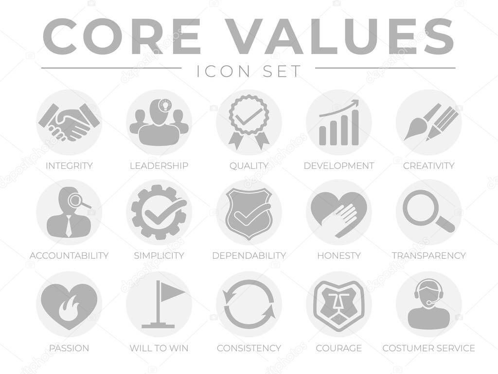 Company Core Values Round Web Icon Set. Integrity, Leadership, Quality and Development, Creativity, Accountability, Simplicity, Dependability, Honesty, Transparency, Passion, Will to win, Consistency, Courage and Customer Service Icons.