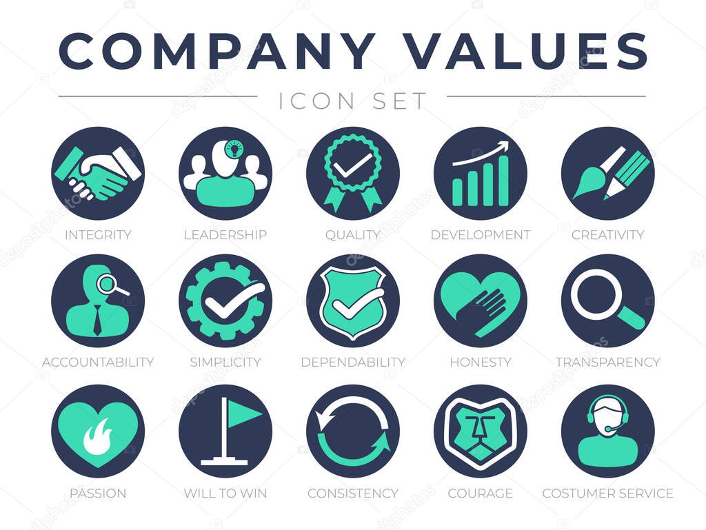 Company Core Values Round Web Icon Set. Integrity, Leadership, Quality and Development, Creativity, Accountability, Simplicity, Dependability, Honesty, Transparency, Passion, Customer Service Icons.