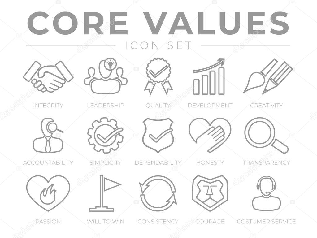 Company Core Values Outline Web Icon Set. Integrity, Leadership, Quality and Development, Creativity, Accountability, Simplicity, Dependability, Honesty, Transparency, Passion, Will to win, Consistency, Courage and Customer Service Icons.