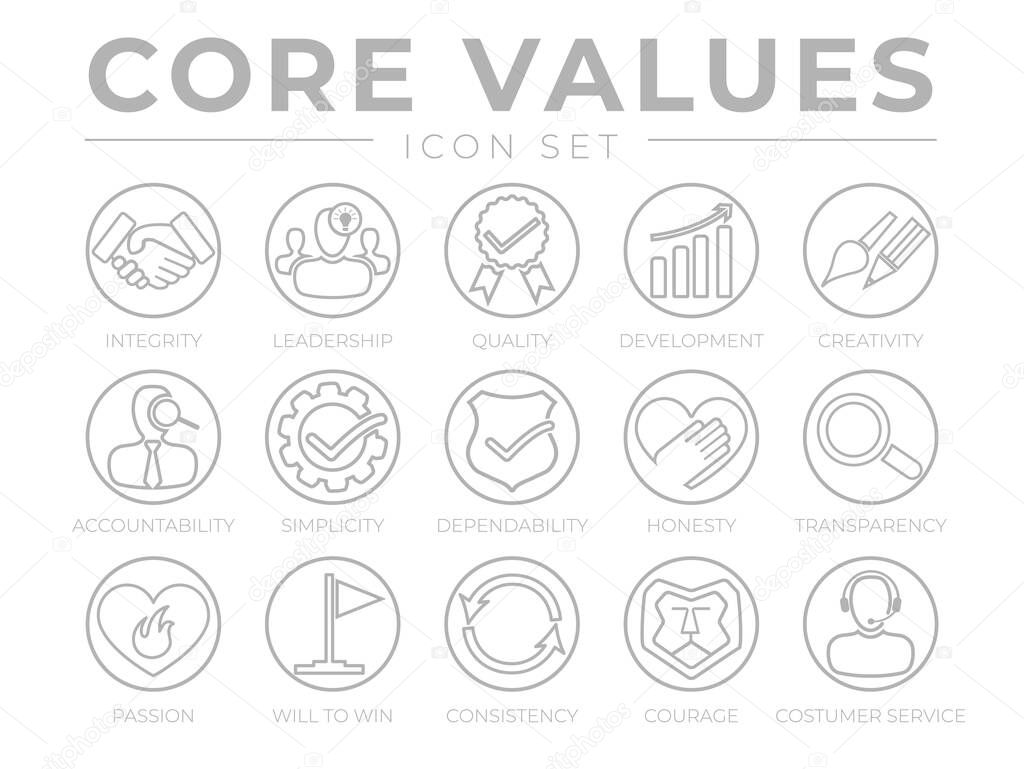 Company Core Values Round Outline Web Icon Set. Integrity, Leadership, Quality and Development, Creativity, Accountability, Simplicity, Dependability, Honesty, Transparency, Passion, Will to win, Consistency, Courage and Customer Service Icons.