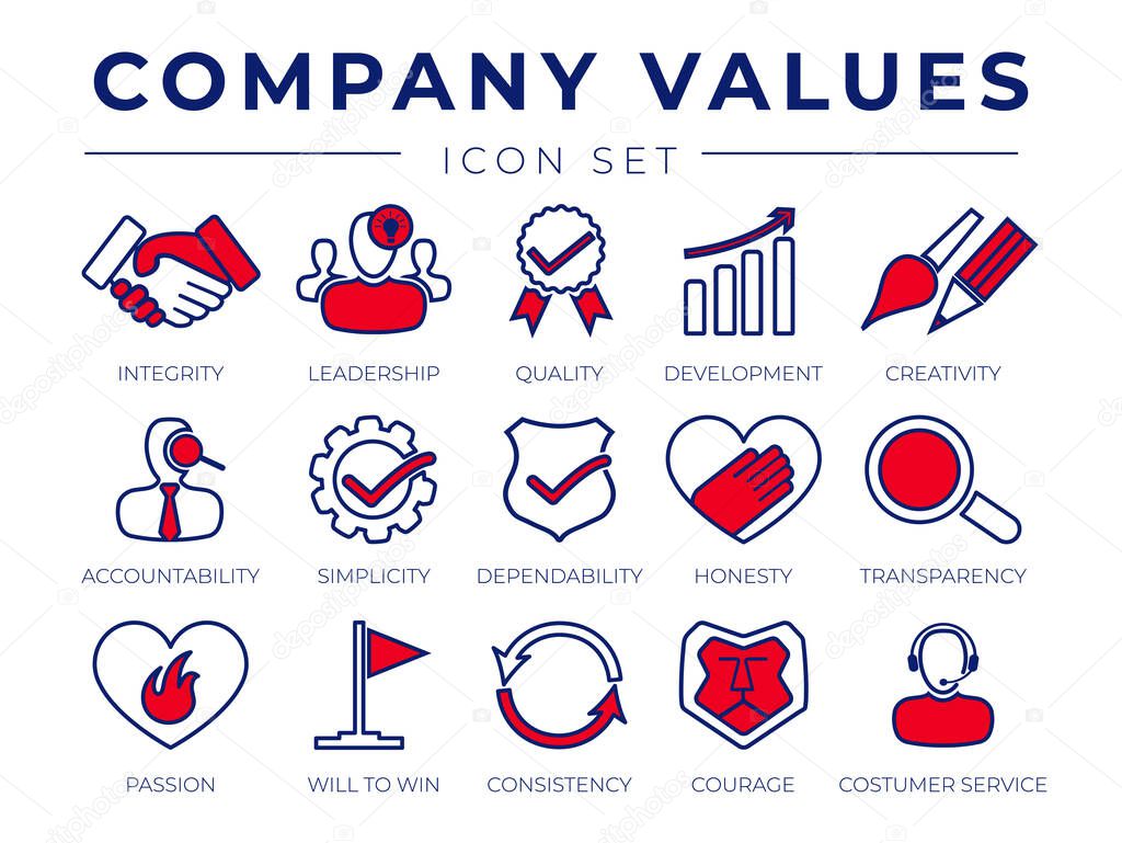 Core Values Retro Icon Set. Integrity, Leadership, Quality and Development, Creativity, Accountability, Simplicity, Dependability, Honesty, Transparency, Passion, Will to win, Consistency, Courage and Customer Service Icons.