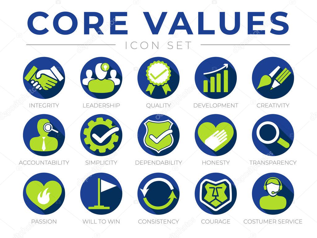 Green Blue Company Core Values Round Web Icon Set. Integrity, Leadership, Quality and Development, Creativity, Accountability, Simplicity, Dependability, Transparency, Passion, Courage and Customer Service Icons.