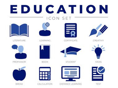 Eğitim okulu ikonu seti. Edebiyat, Öğrenme, Sertifika, Yaratıcılık, Profesör, Kitap, Öğrenci, Fikirler, Kırılma, Hesaplama, Uzaklık Sınavı Simgeleri