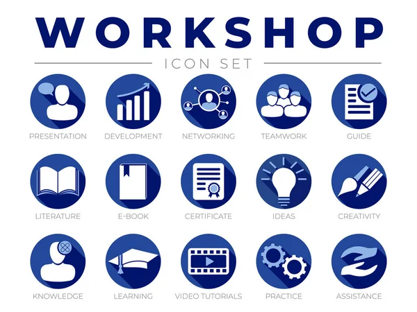 Workshop Icon Set Presentation Development Networking Teamwork Guide Literature Book — стоковий вектор