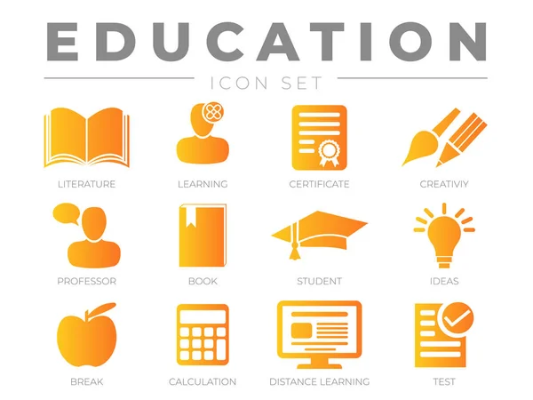 Onderwijs Ikoon Set Literatuur Learning Certificaat Creativiteit Hoogleraar Boek Student — Stockvector