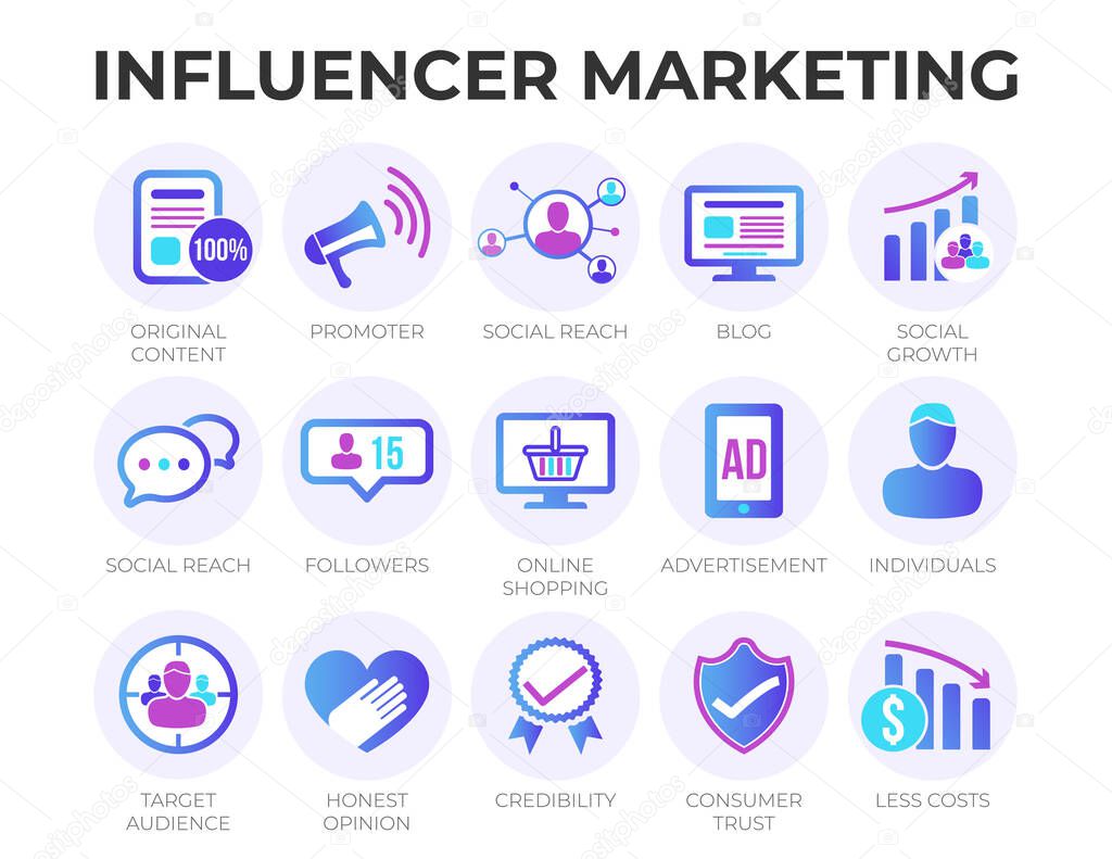 Modern Digital Influencer Marketing Icon Set with SEO, Email Marketing, Web Design, Analytics, Social Media and other Icons.
