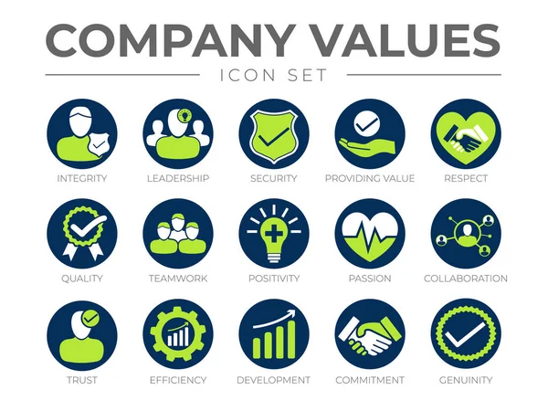 Företagets Kärnvärden Icon Set Integritet Ledarskap Säkerhet Tillhandahållande Värde Respekt — Stock vektor