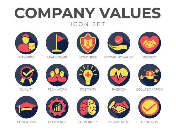 Ценности Деловой Компании Вокруг Красочного Набора Икон Integrity Leadership Boldness — стоковый вектор