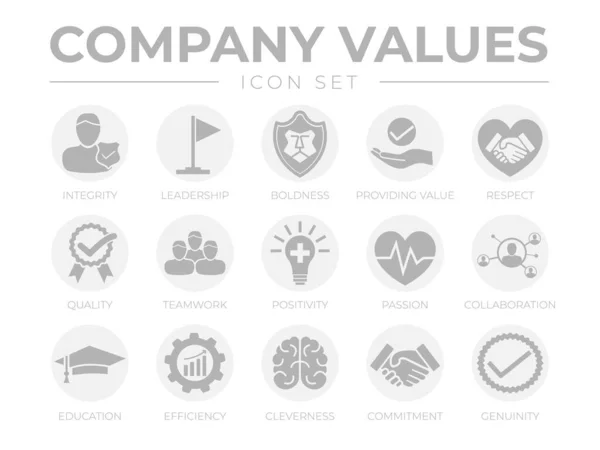 Valores Empresa Negocios Conjunto Iconos Gris Redondo Integridad Liderazgo Audacia — Vector de stock