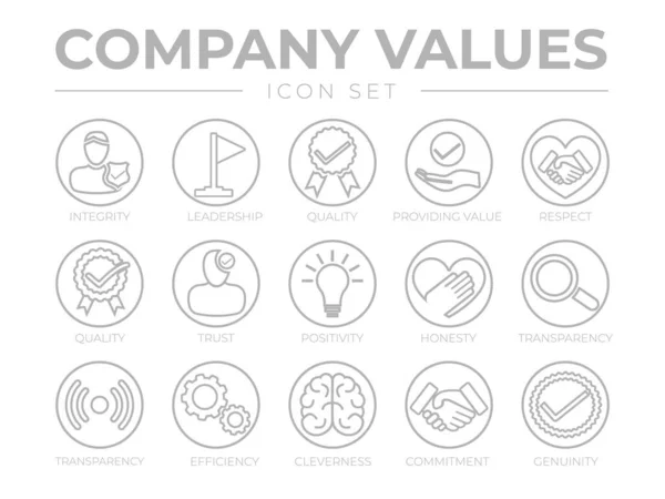薄轮廓公司价值圆形灰色图标集 领导才能 积极态度 透明度 影响力 — 图库矢量图片