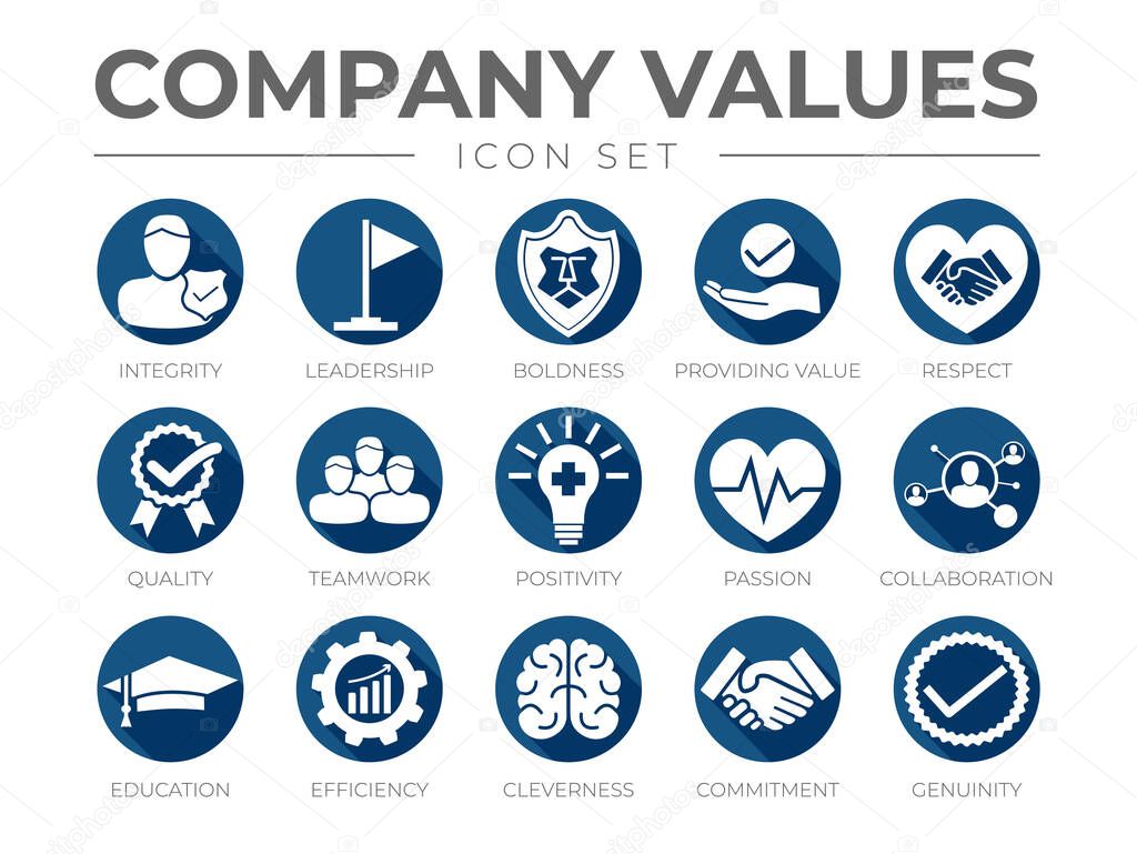 Business Company Values Flat Round Icon Set. Integrity, Leadership, Boldness, Value, Respect, Quality, Teamwork, Positivity, Passion, Collaboration, Education, Efficiency, Cleverness, Commitment, Genuinity Icons