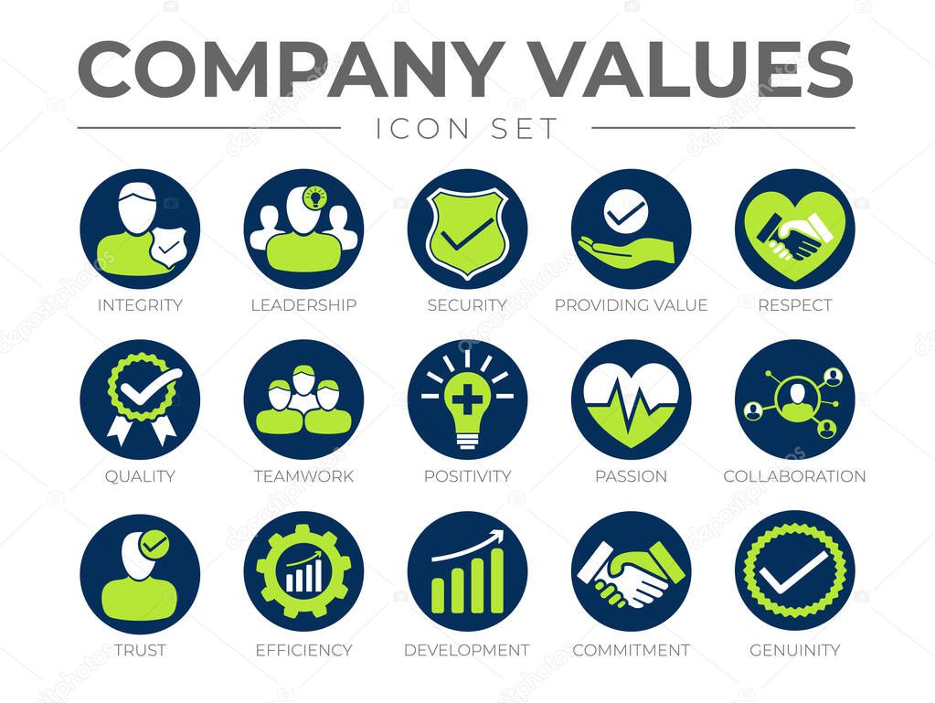 Company Core Values Round Icon Set. Integrity, Leadership, Security, Providing Value, Respect, Quality, Teamwork, Positivity, Passion, Collaboration, Trust, Efficiency, Development, Commitment, Genuinity Icons.