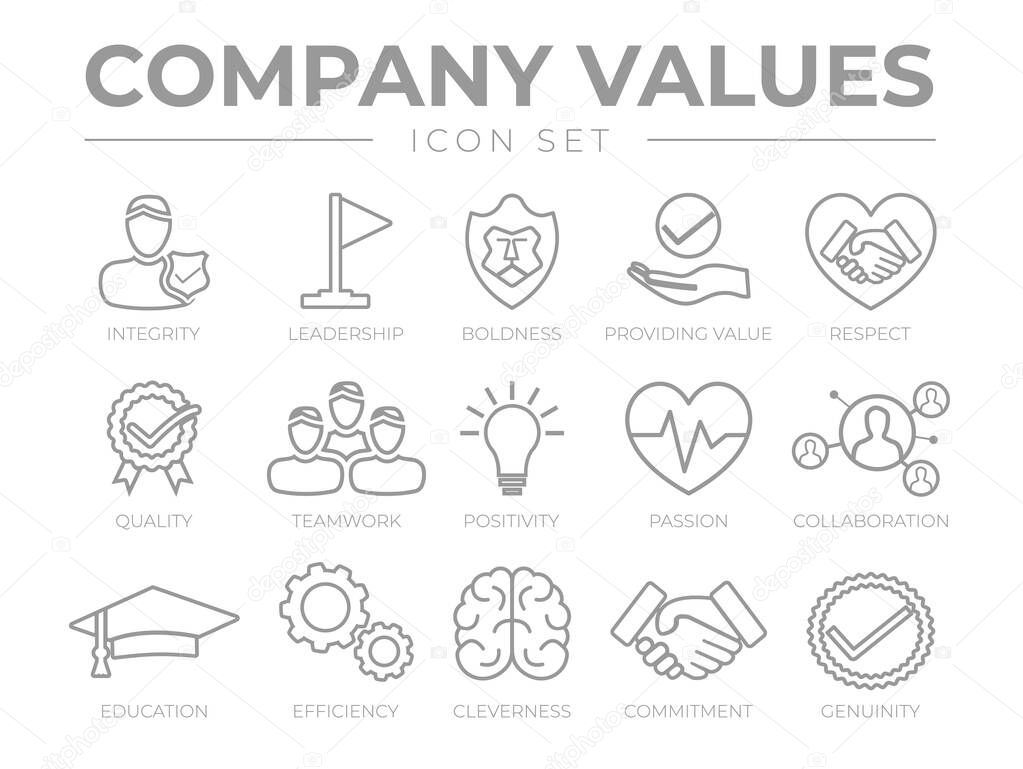 Business Company Values Outline Icon Set. Integrity, Leadership, Boldness, Value, Respect, Quality, Teamwork, Positivity, Passion, Collaboration, Education, Efficiency, Cleverness, Commitment, Genuinity Icons.
