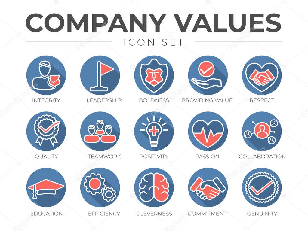Business Company Values Round Outline Color Icon Set. Integrity, Leadership, Boldness, Value, Respect, Quality, Teamwork, Positivity, Passion, Collaboration, Education, Efficiency, Cleverness, Commitment, Genuine Icons.
