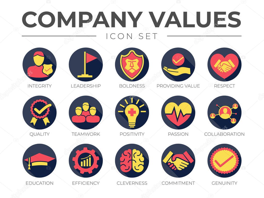 Business Company Values Round Colorful Icon Set. Integrity, Leadership, Boldness, Value, Respect, Quality, Teamwork, Positivity, Passion, Collaboration, Education, Efficiency, Cleverness, Commitment, Genuine Icons.