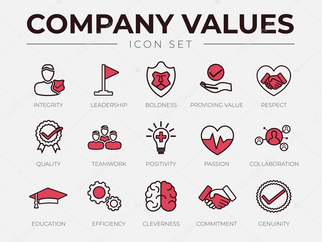 Company Values Retro Icon Set. Integrity, Leadership, Boldness, Value, Respect, Quality, Teamwork, Positivity, Passion, Collaboration, Education, Efficiency, Cleverness, Commitment, Genuine Icons.